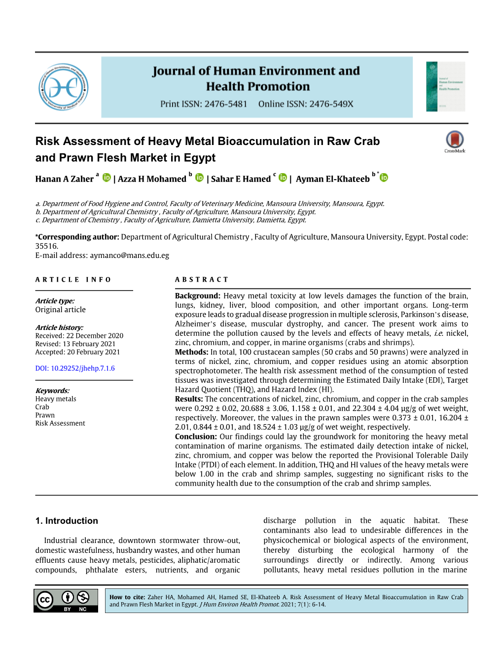 Risk Assessment of Heavy Metal Bioaccumulation in Raw Crab and Prawn Flesh Market in Egypt