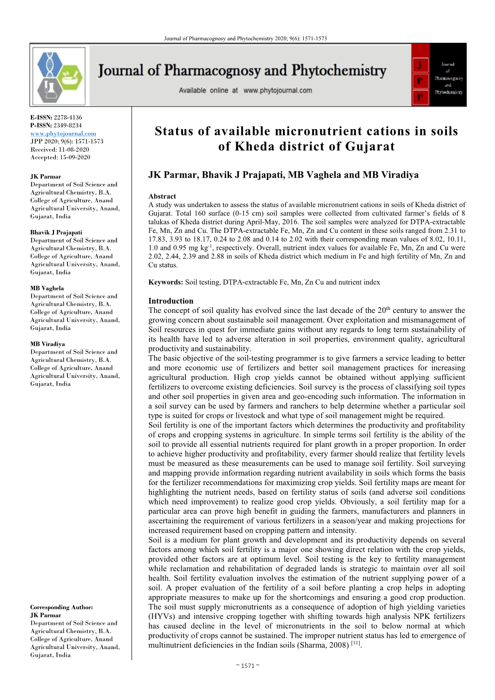 Status of Available Micronutrient Cations in Soils of Kheda District of Gujarat, India Gujarat