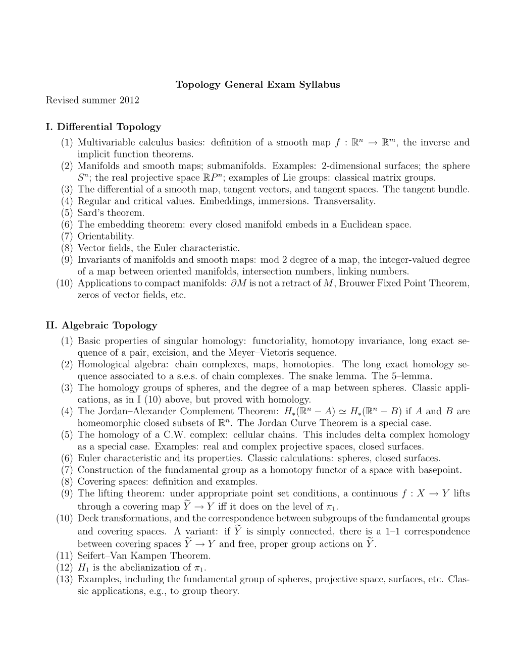 Syllabus for Topology General Exam