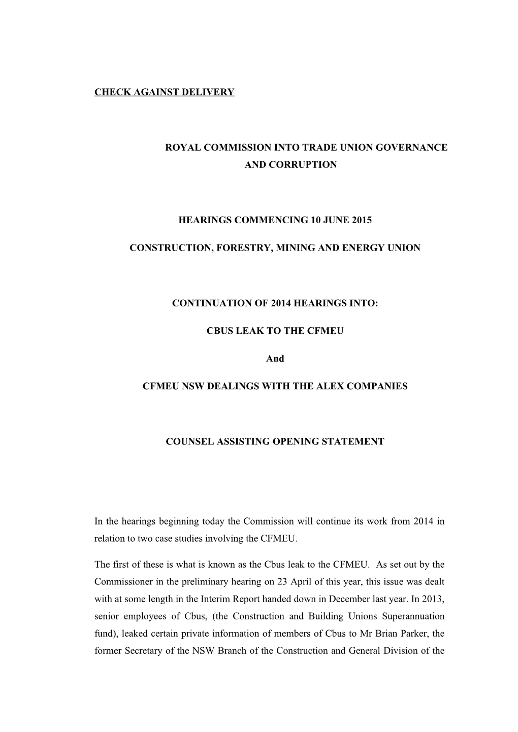 Opening Statement on CFMEU 10 June 2015