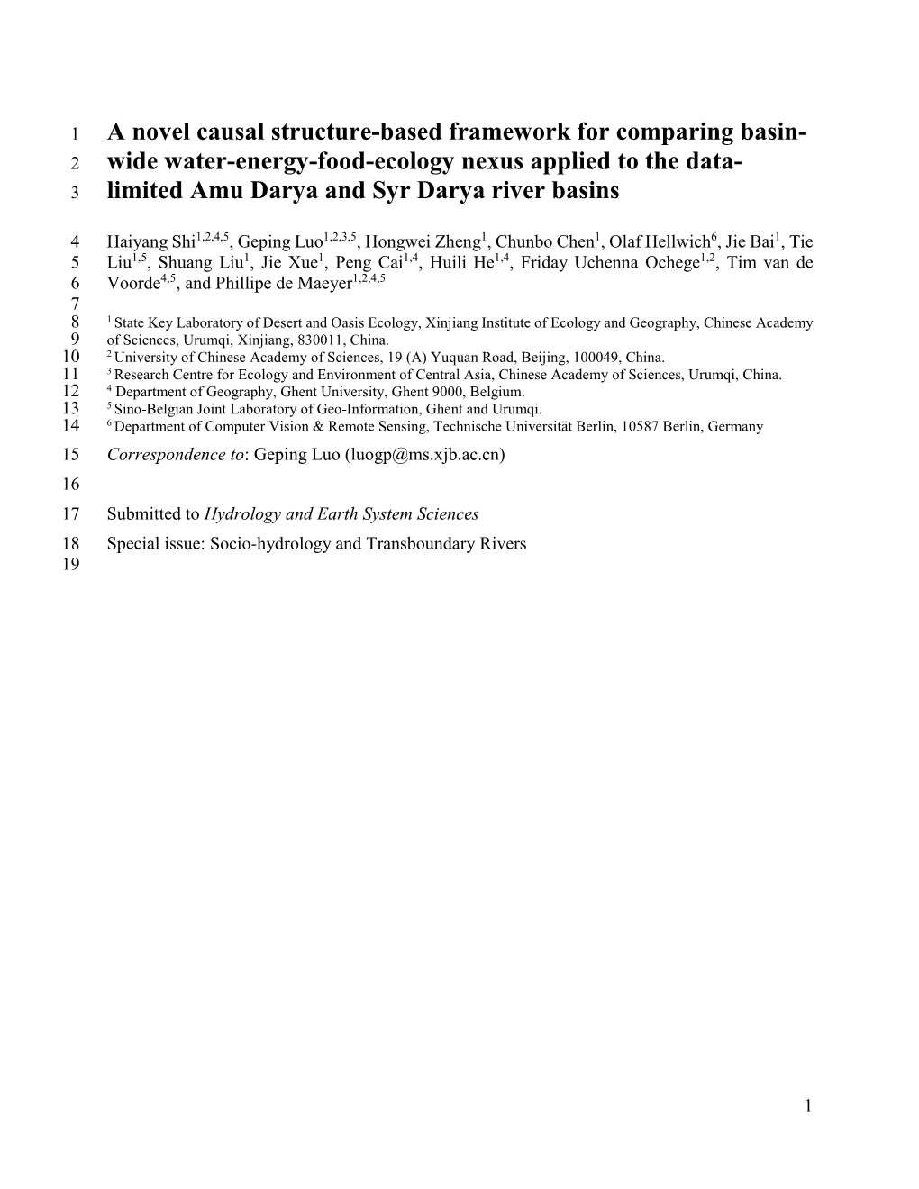 Wide Water-Energy-Food-Ecology Nexus Applied to the Data- 3 Limited Amu Darya and Syr Darya River Basins