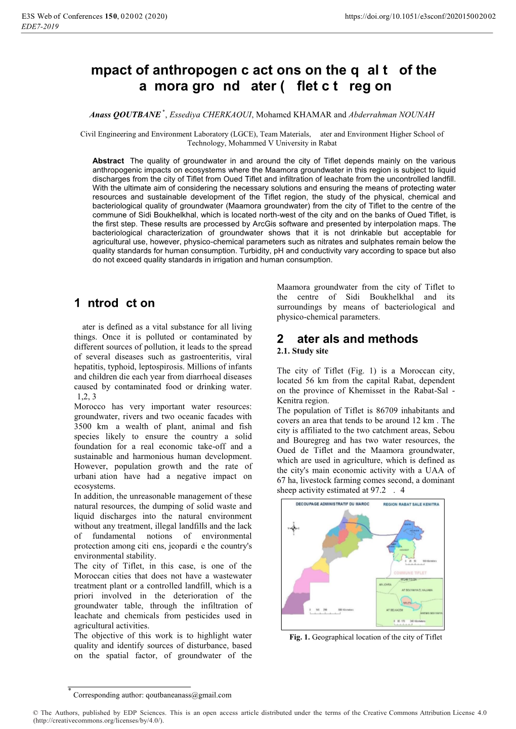 Impact of Anthropogenic Actions on the Quality of the Maâmora Groundwater (Tiflet City Region)