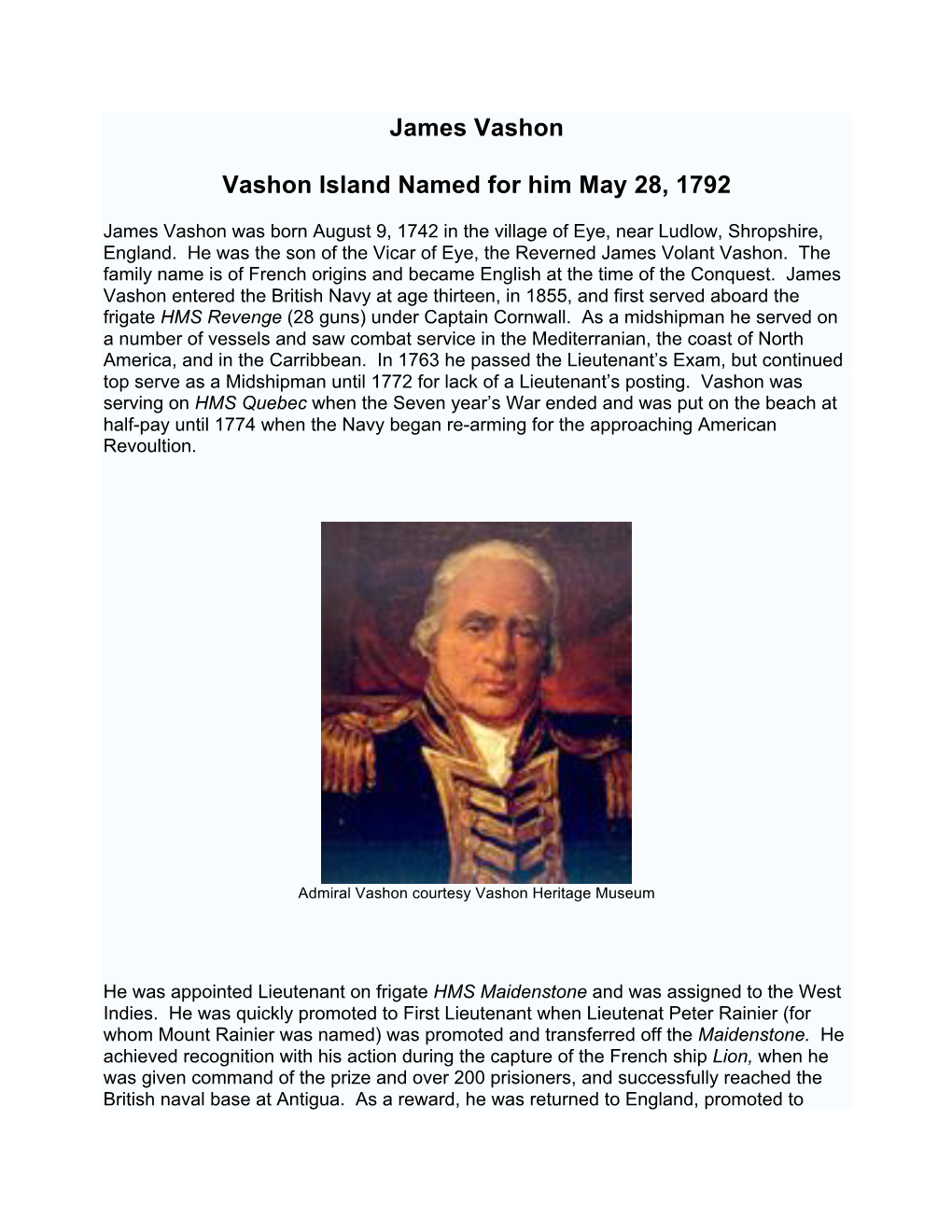 James Vashon Vashon Island Named for Him May 28, 1792
