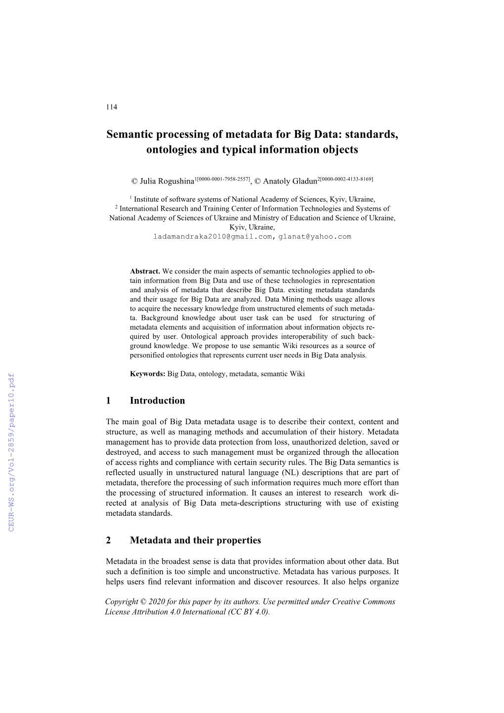 Semantic Processing of Metadata for Big Data: Standards, Ontologies and Typical Information Objects