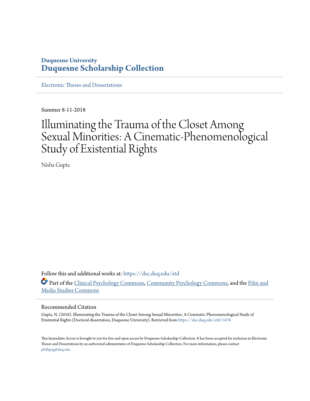 Illuminating the Trauma of the Closet Among Sexual Minorities: a Cinematic-Phenomenological Study of Existential Rights Nisha Gupta