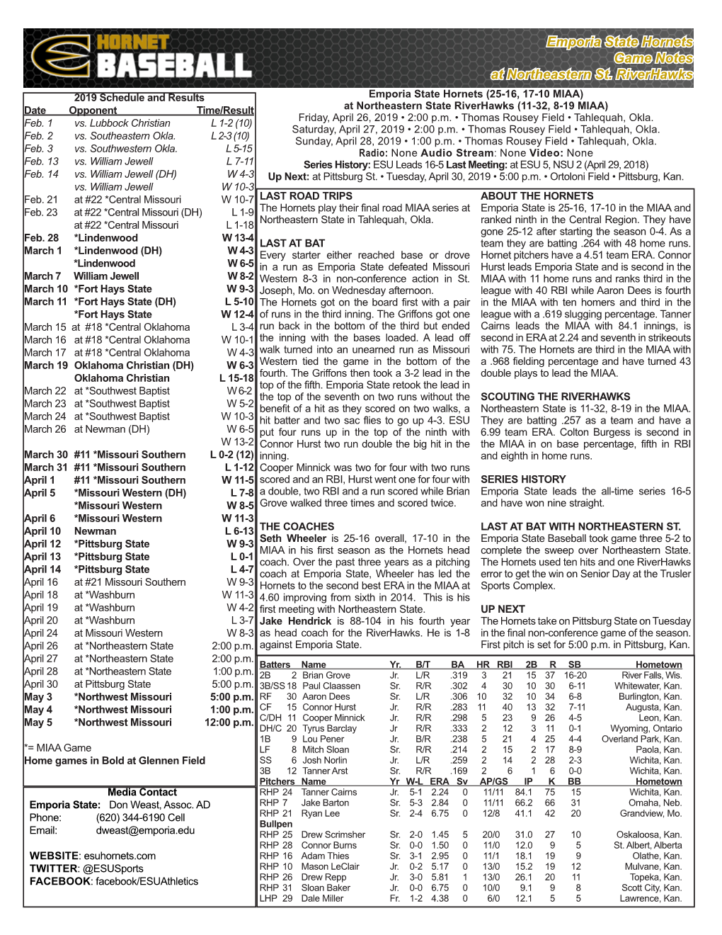 Emporia State Hornets Game Notes at Northeastern St. Riverhawks