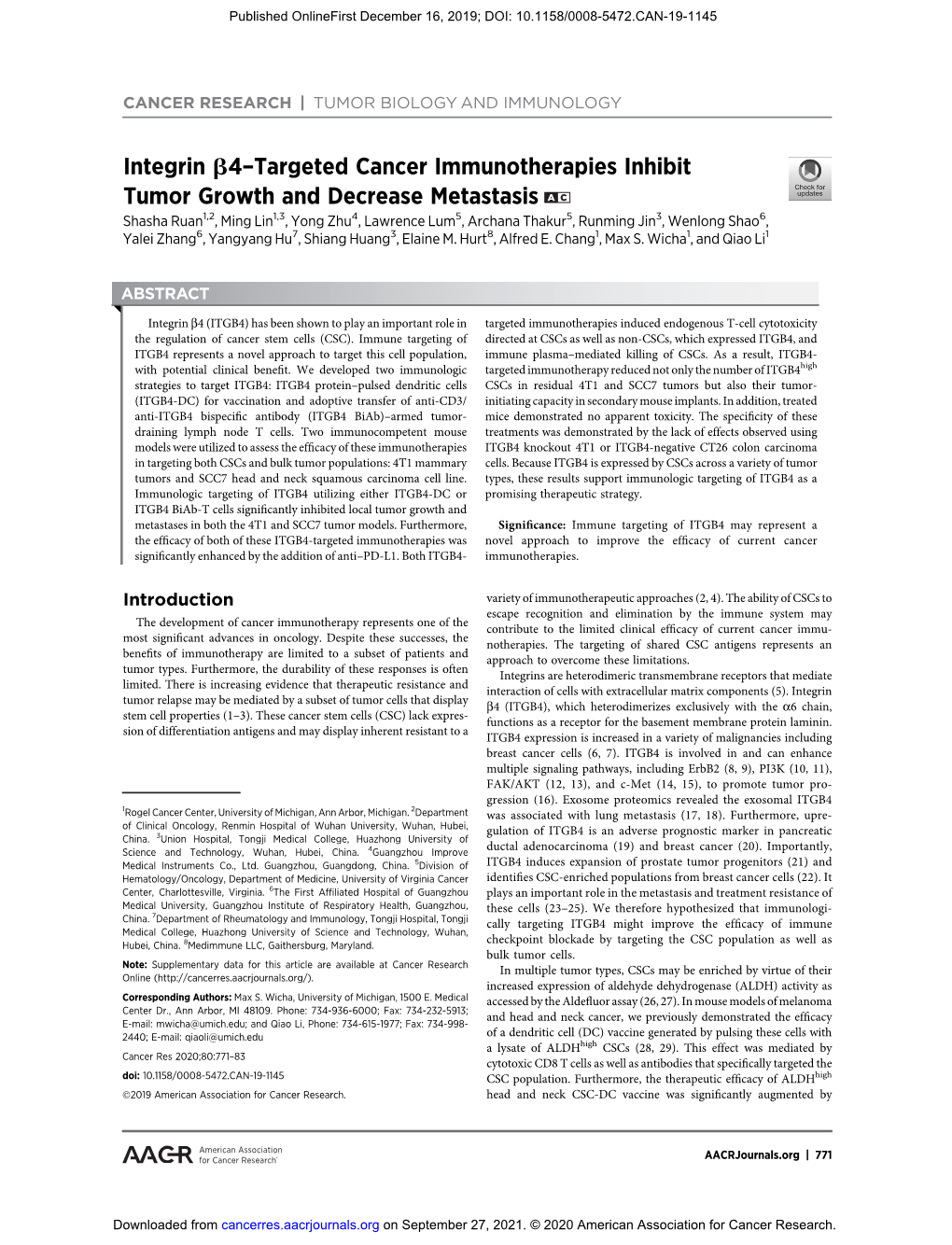 Integrin B4–Targeted Cancer Immunotherapies Inhibit Tumor