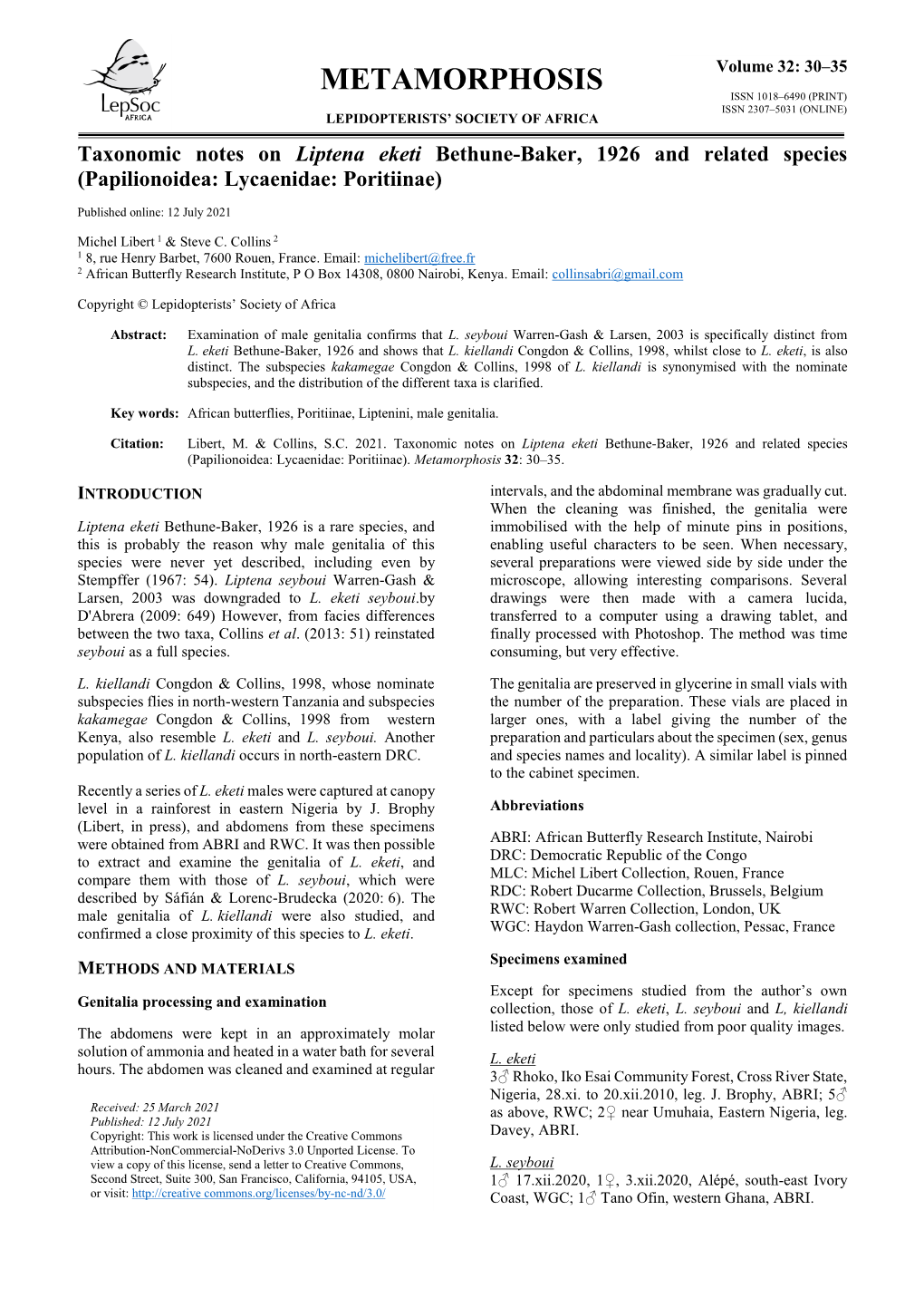 Metamorphosis Issn 1018–6490 (Print) Issn 2307–5031 (Online) Lepidopterists’ Society of Africa