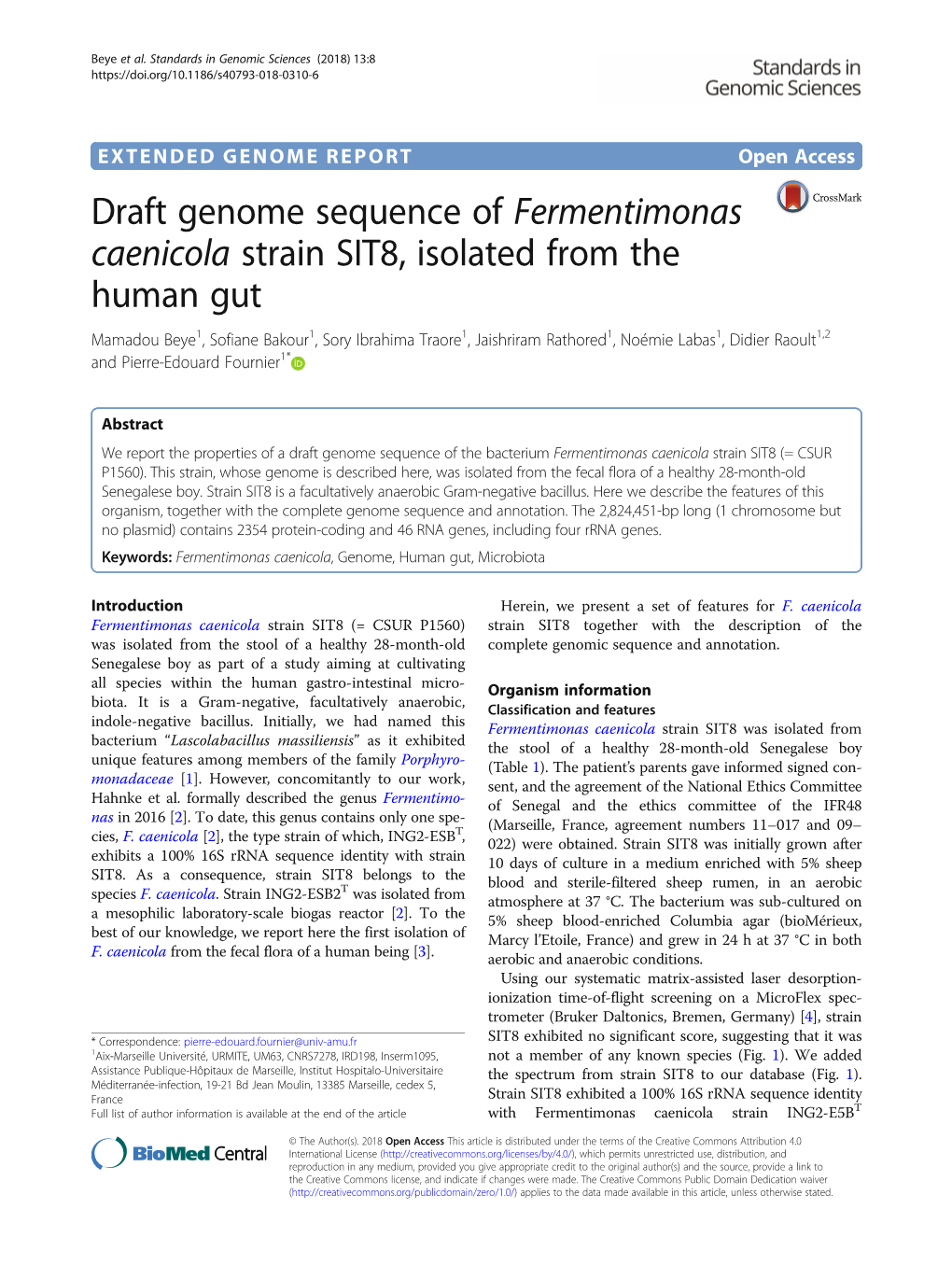 Draft Genome Sequence of Fermentimonas Caenicola Strain SIT8, Isolated from the Human