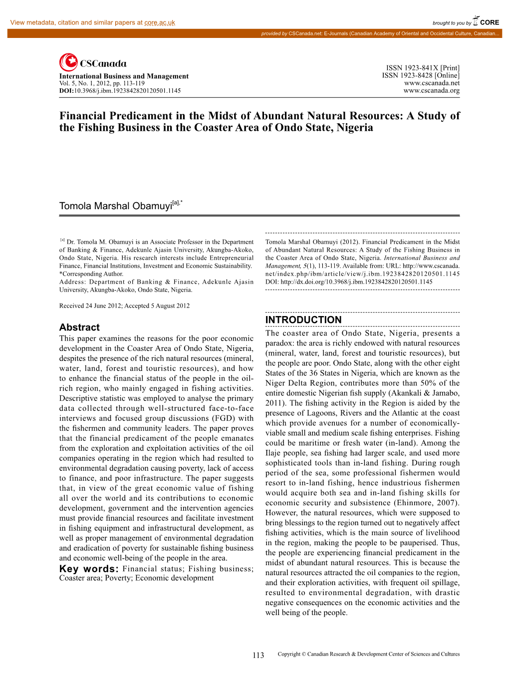 A Study of the Fishing Business in the Coaster Area of Ondo State, Nigeria