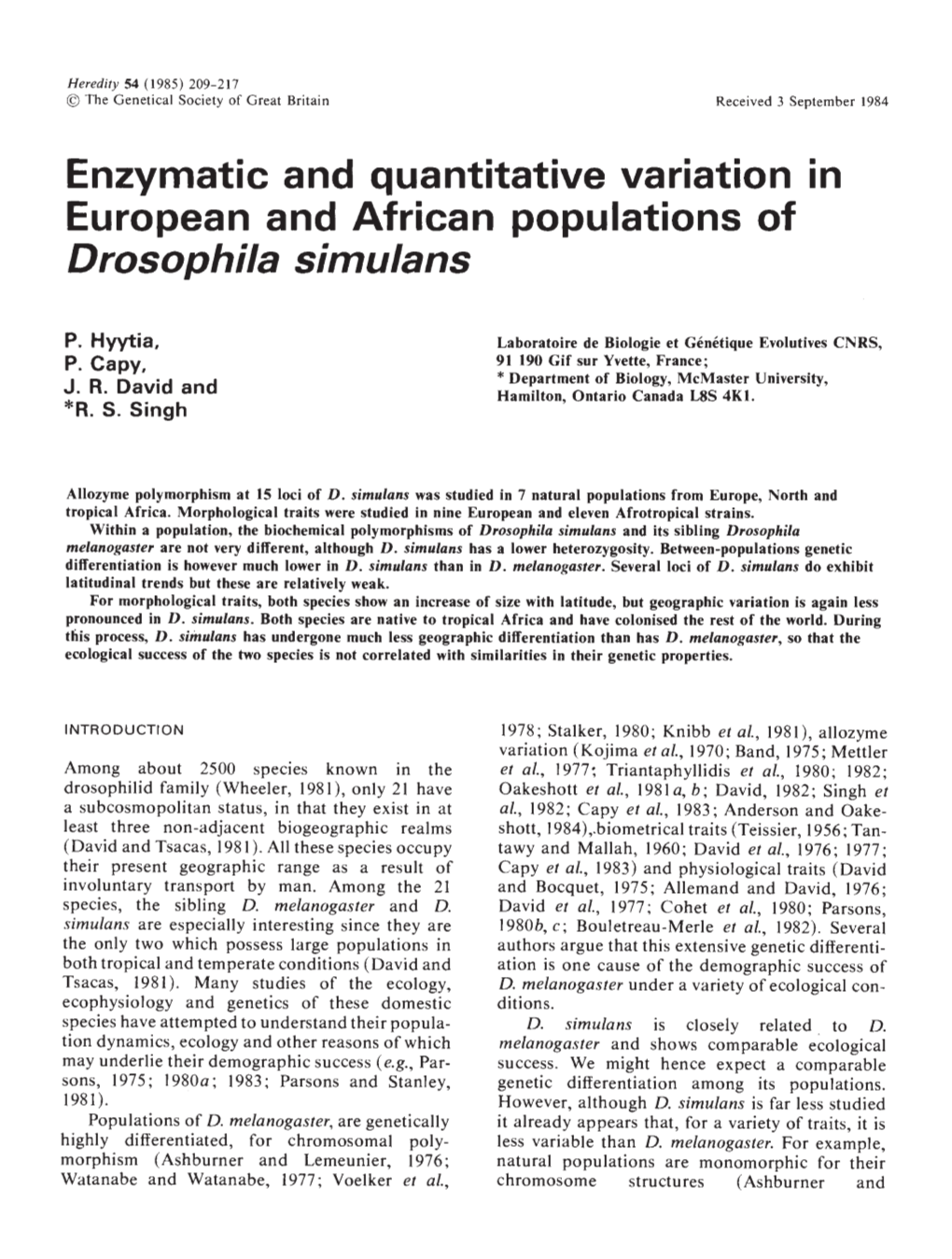 Enzymatic and Quantitative Variation in European and African Populations of Drosophila Simulans