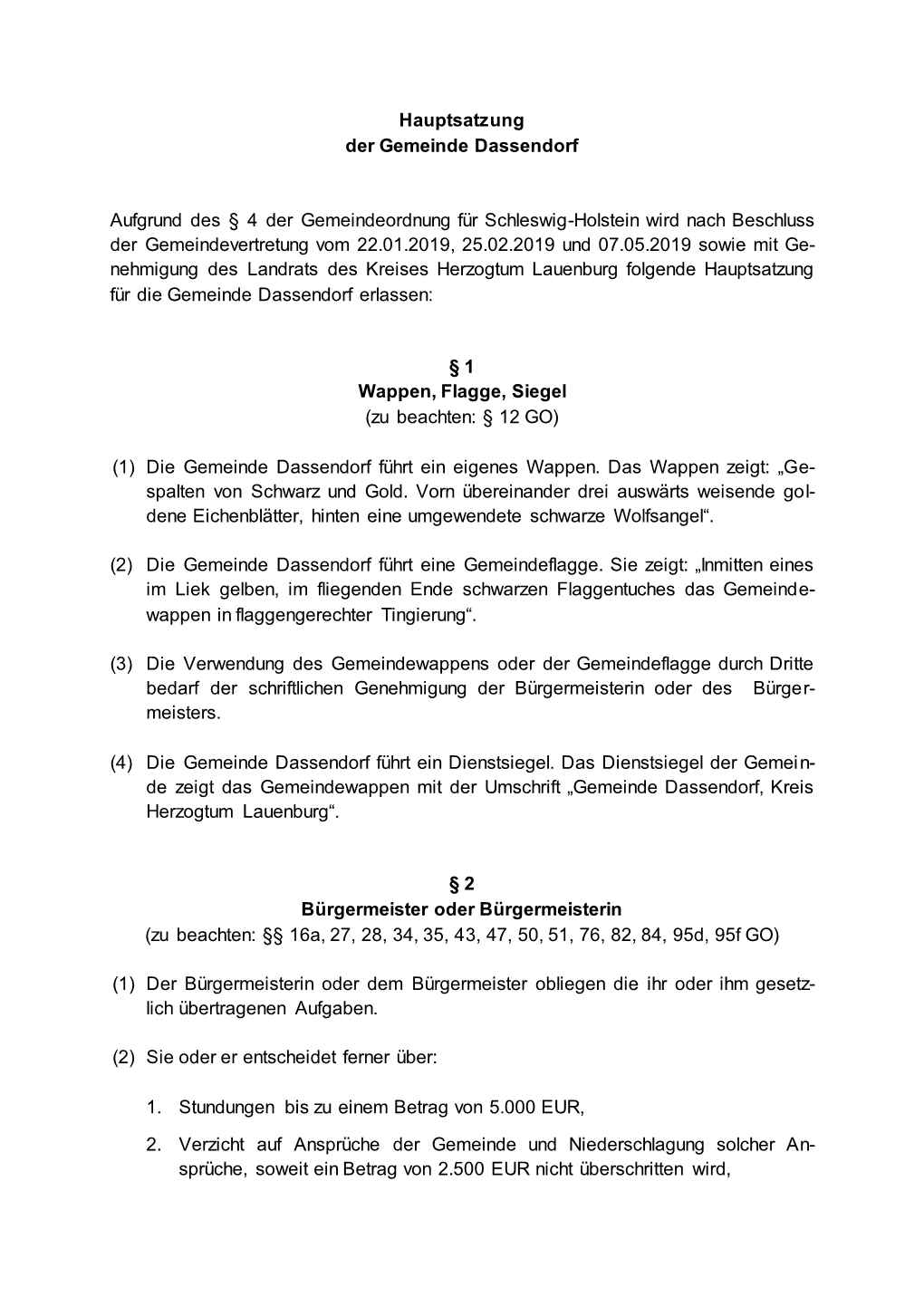 Hauptsatzung Der Gemeinde Dassendorf Aufgrund Des § 4 Der