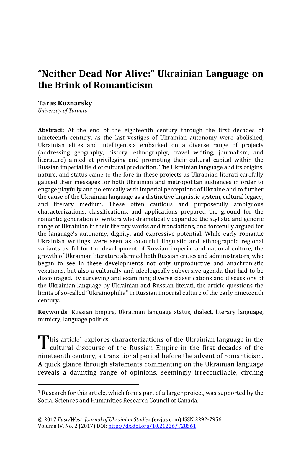 “Neither Dead Nor Alive:” Ukrainian Language on the Brink of Romanticism, EWJUS, Vol. 4, No. 2, 2017