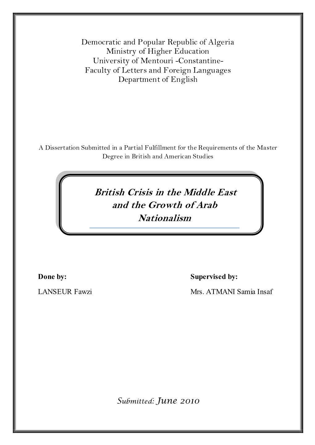 British Crisis in the Middle East and the Growth of Arab Nationalism