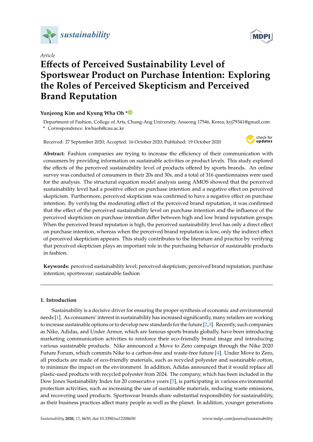 Effects of Perceived Sustainability Level of Sportswear Product