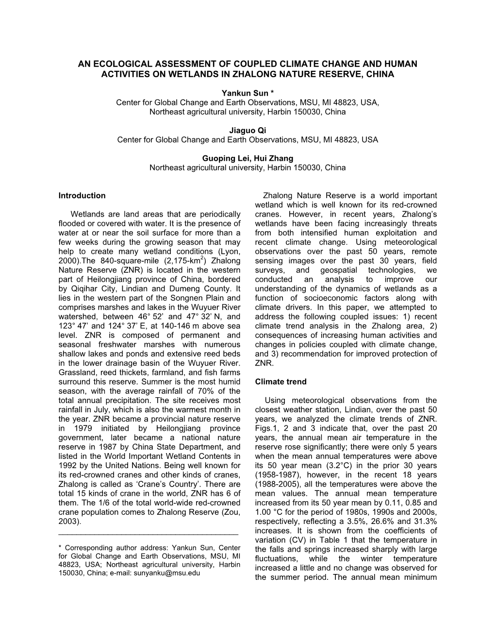 Ecological Assessment of Coupled Climate Change and Human Activities on Wetlands in Zhalong Nature Reserve, China