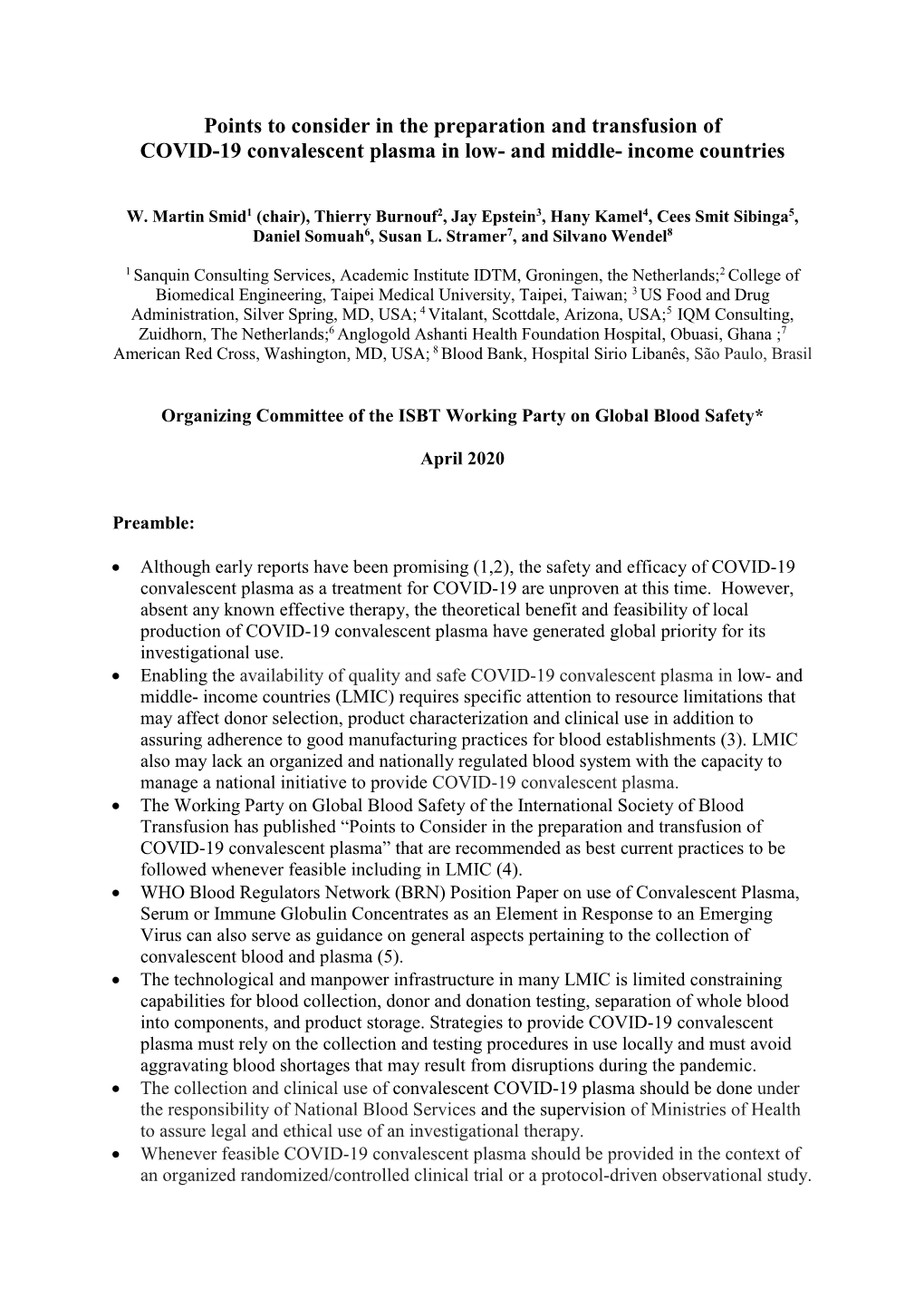 Points to Consider in the Preparation and Transfusion of COVID-19 Convalescent Plasma in Low- and Middle- Income Countries