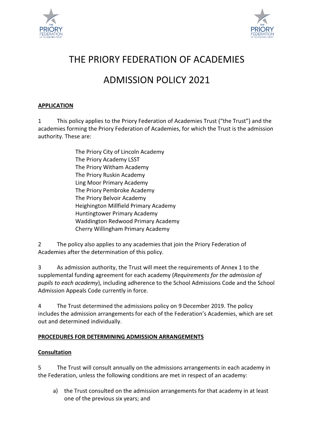 The Priory Federation of Academies Admission Policy