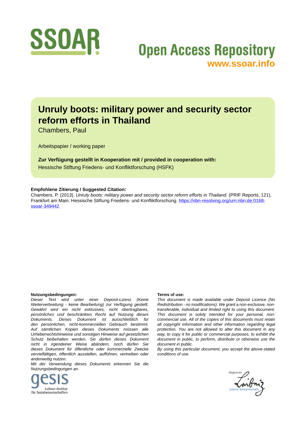 Unruly Boots: Military Power and Security Sector Reform Efforts in Thailand Chambers, Paul