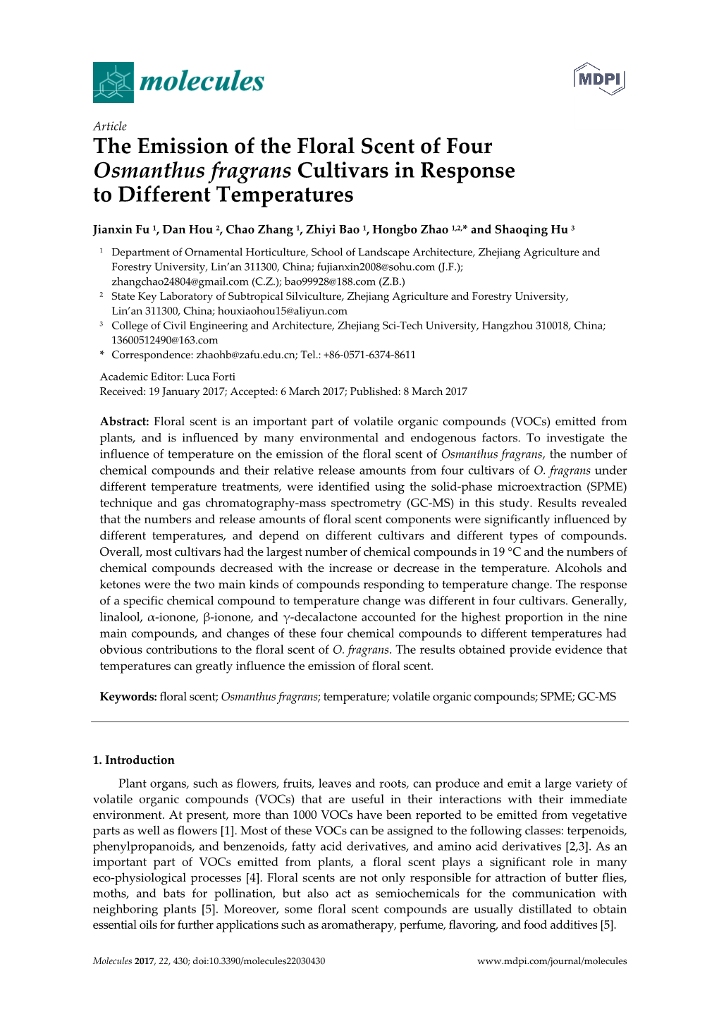 The Emission of the Floral Scent of Four Osmanthus Fragrans Cultivars in Response to Different Temperatures