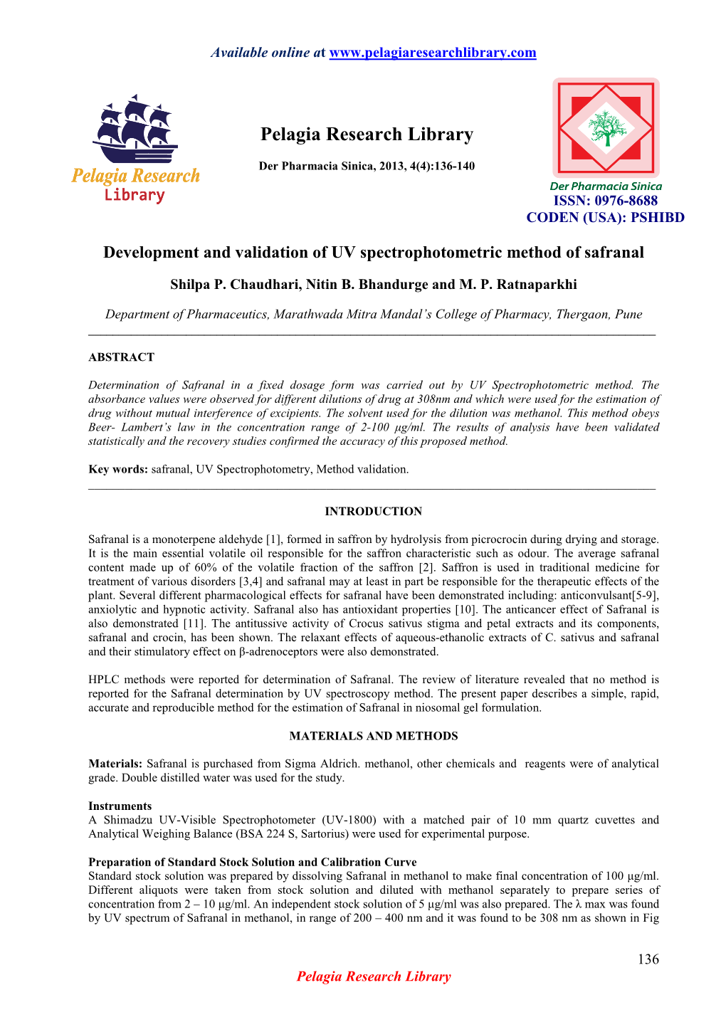 Development and Validation of UV Spectrophotometric Method of Safranal