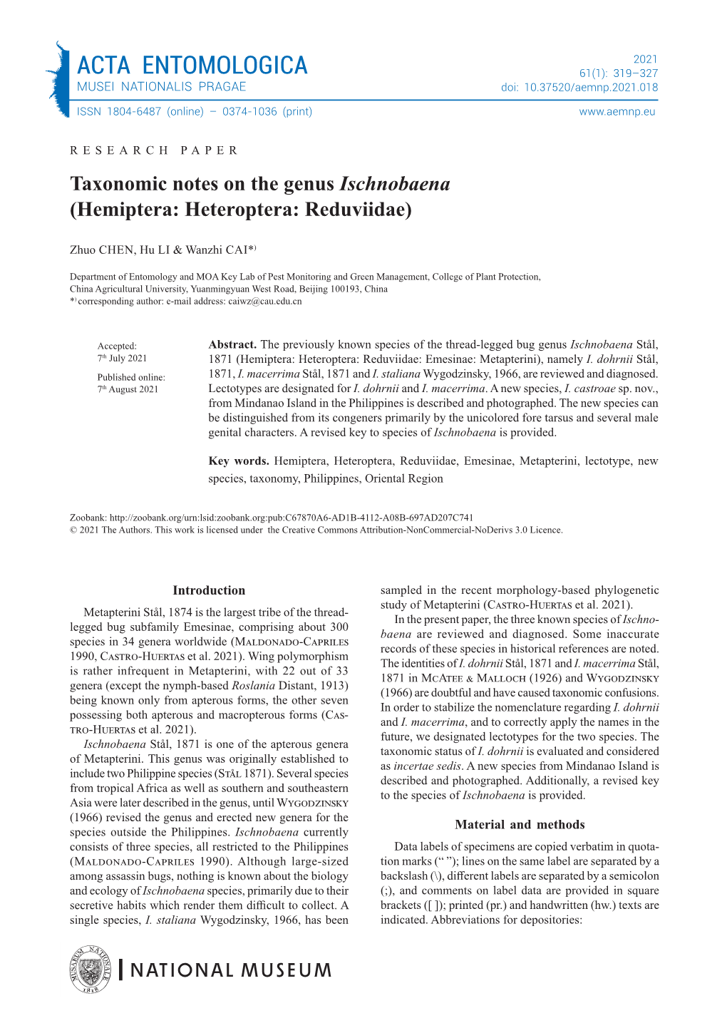 ACTA ENTOMOLOGICA 61(1): 319–327 MUSEI NATIONALIS PRAGAE Doi: 10.37520/Aemnp.2021.018