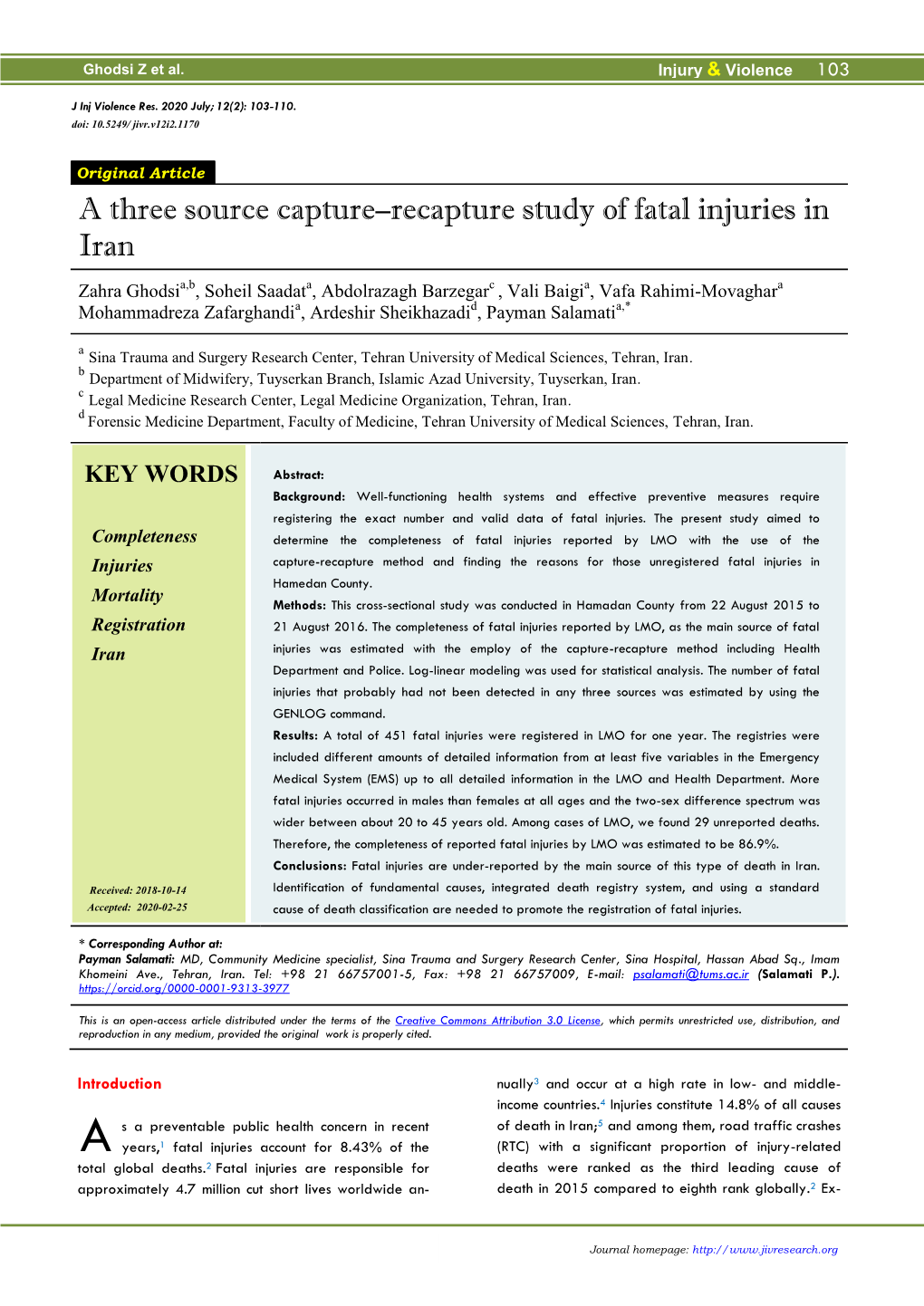 A Three Source Capture–Recapture Study of Fatal Injuries in Iran