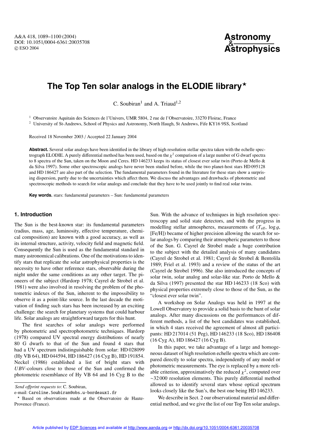 The Top Ten Solar Analogs in the ELODIE Library