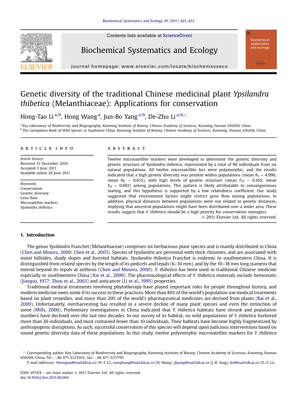 Genetic Diversity of the Traditional Chinese Medicinal Plant Ypsilandra Thibetica (Melanthiaceae): Applications for Conservation