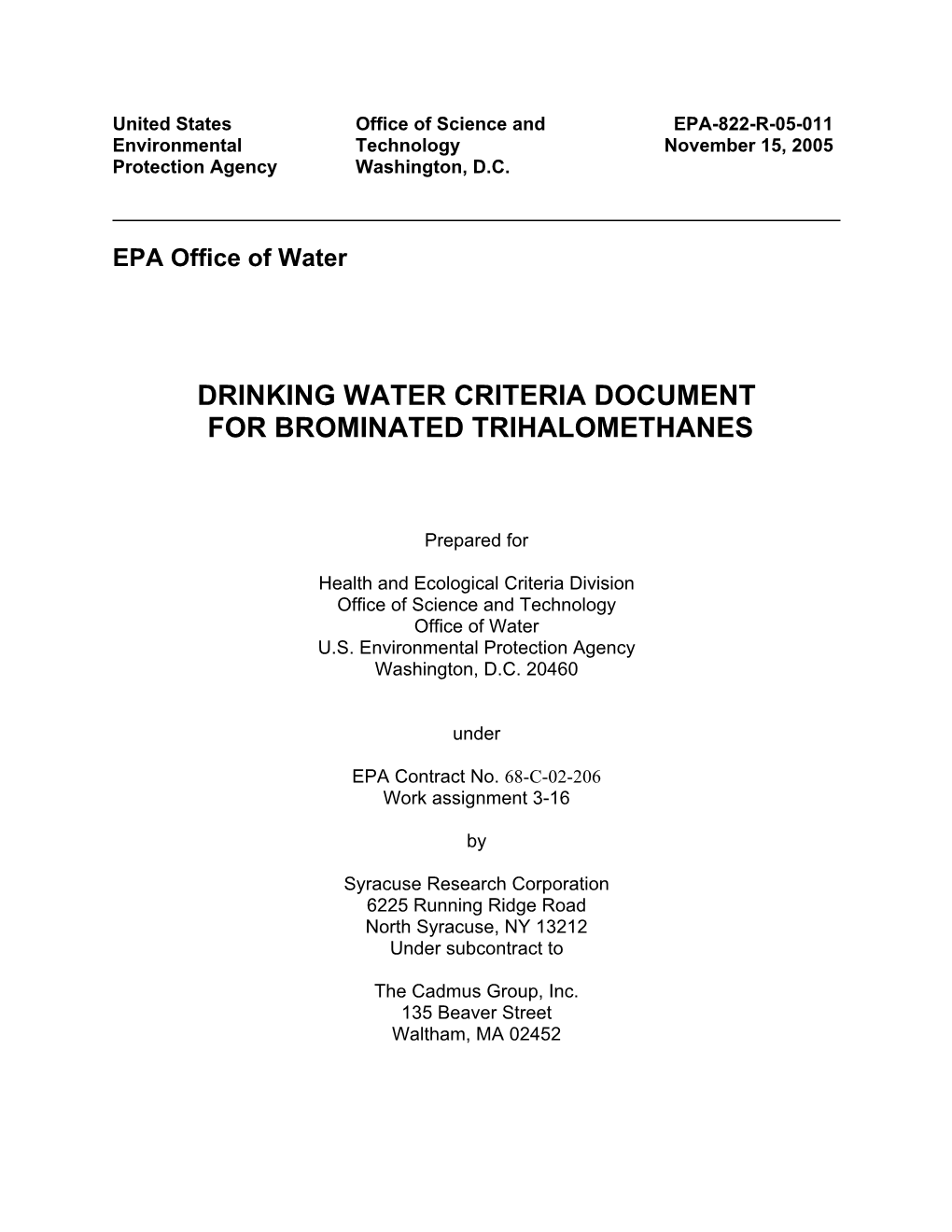 Drinking Water Criteria Document for Brominated Trihalomethanes