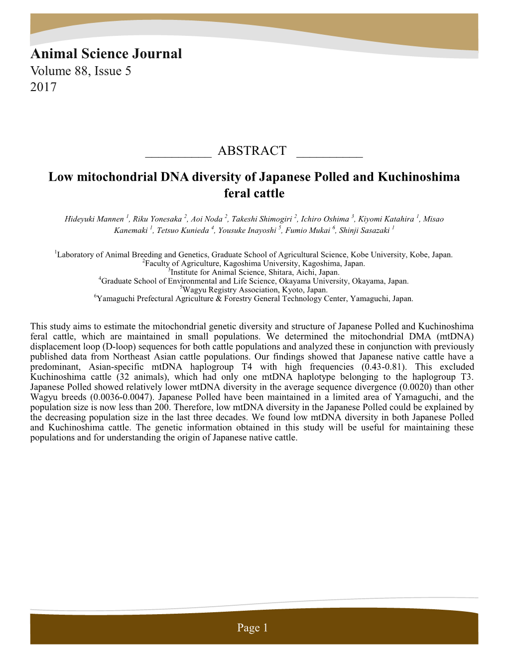 Low Mitochondrial DNA Diversity of Japanese Polled and Kuchinoshima Feral Cattle