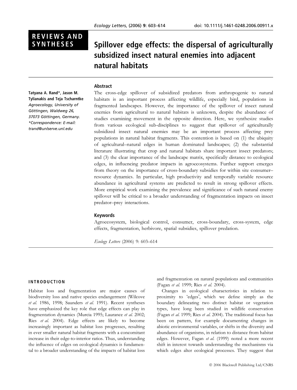 Spillover Edge Effects: the Dispersal of Agriculturally Subsidized Insect Natural Enemies Into Adjacent Natural Habitats