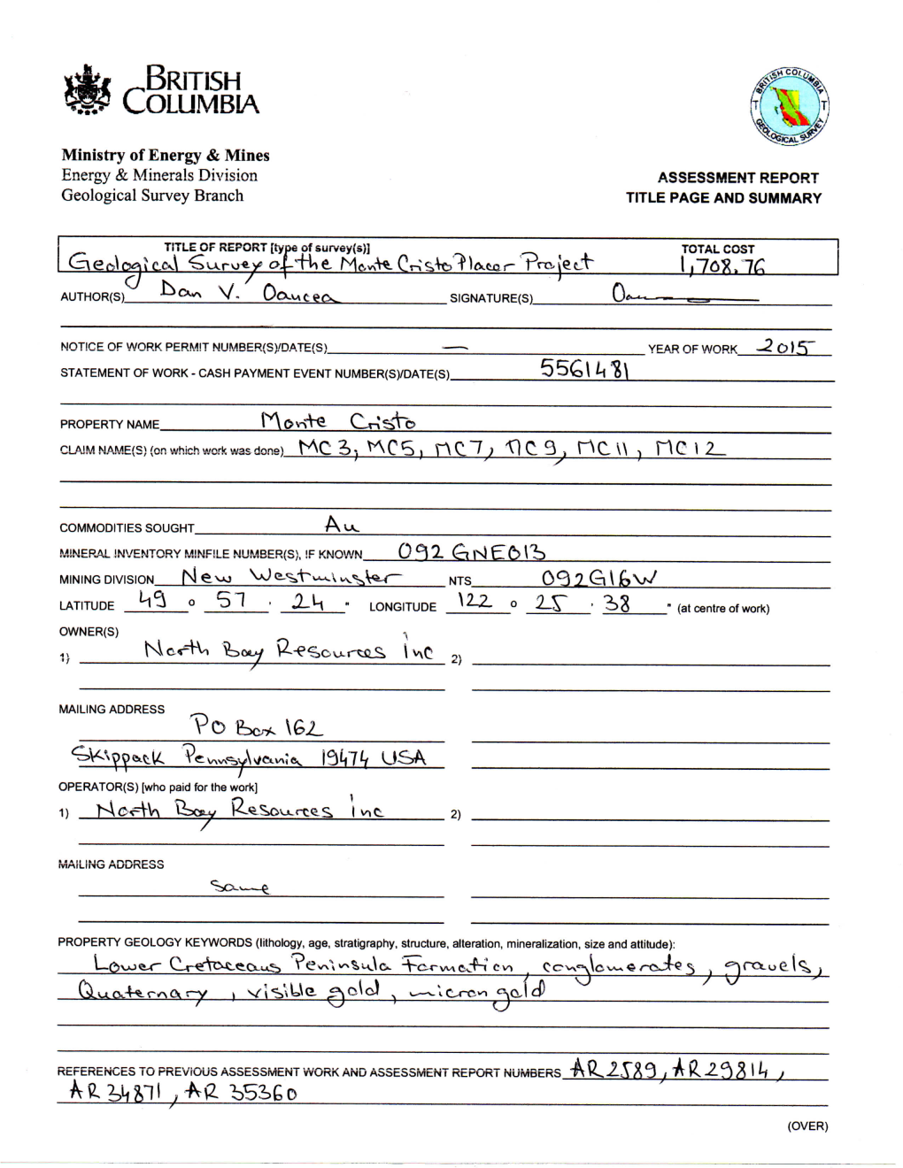 BC Geological Survey Assessment Report 35645