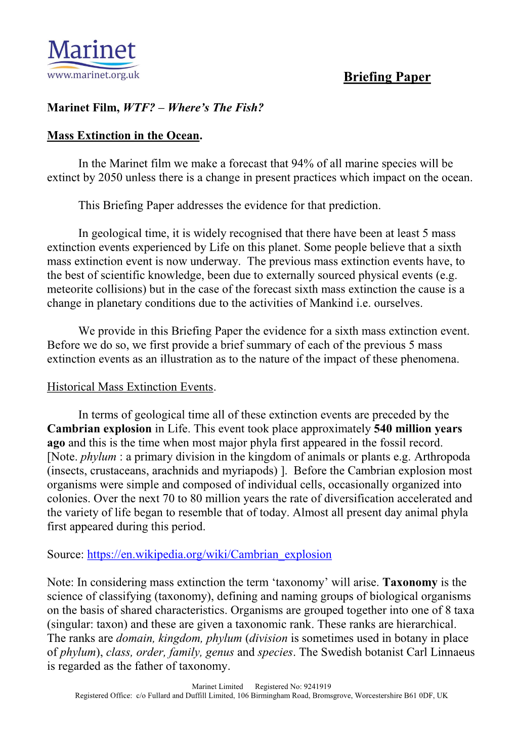 Marinet Briefing Paper : Mass Extinction in the Ocean