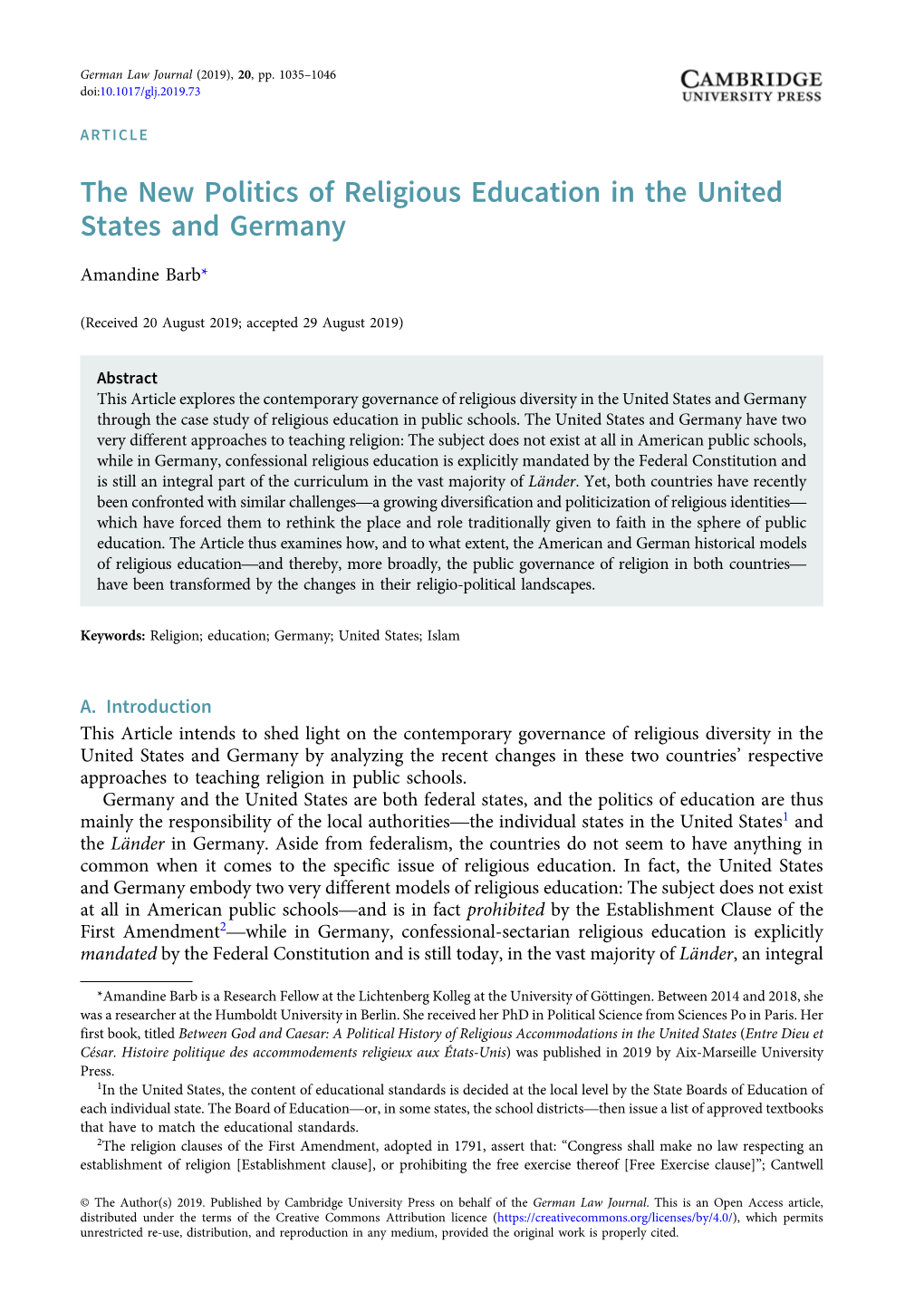 The New Politics of Religious Education in the United States and Germany