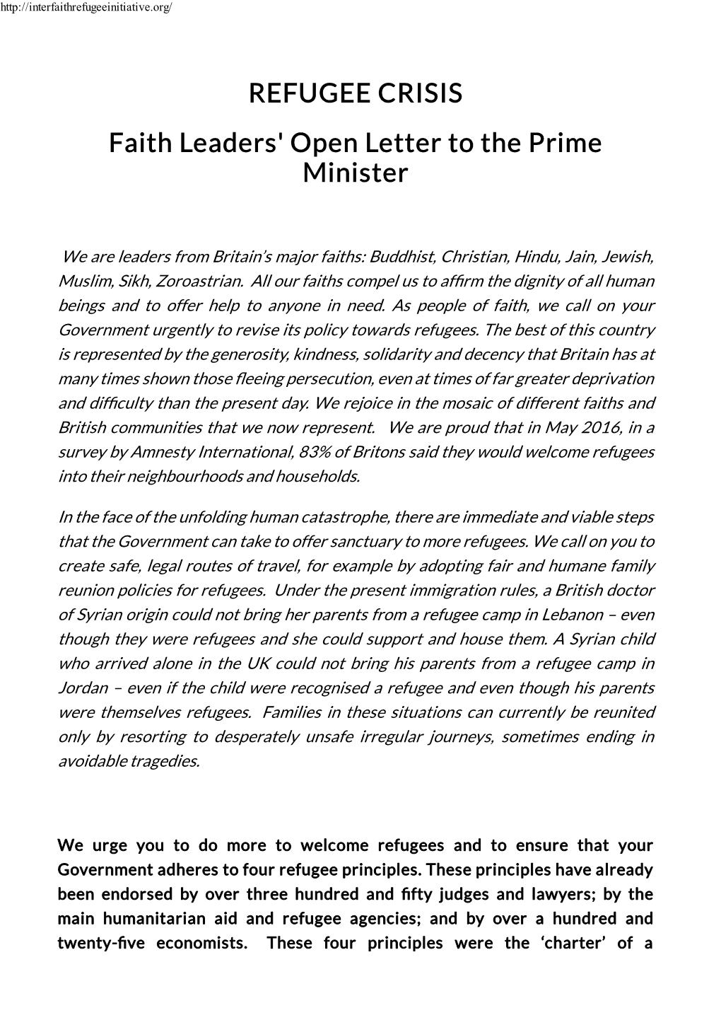 Faith Leaders' Open Letter to the Prime Minister