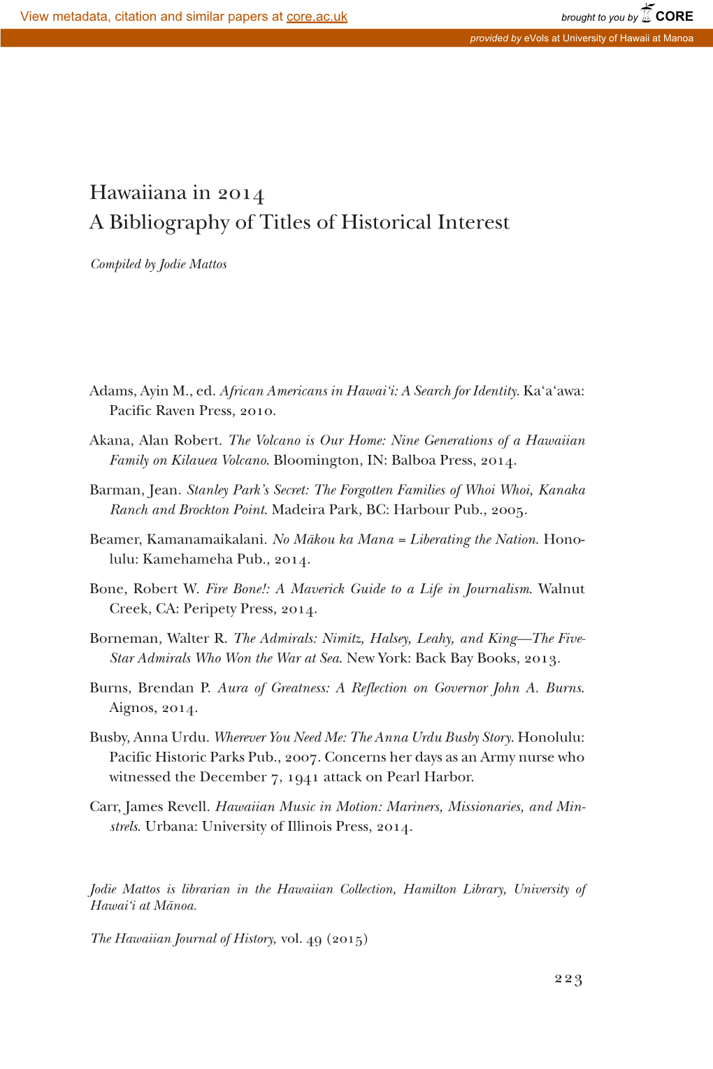 Hawaiiana in 2014 a Bibliography of Titles of Historical Interest