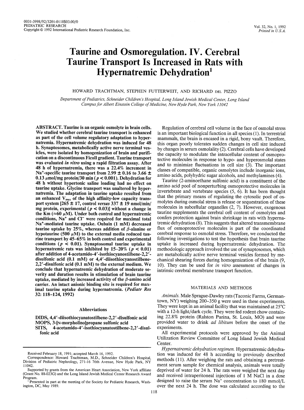 Taurine and Osmoregulation. IV. Cerebral Taurine Transport Is Increased in Rats with Hypernatremic Dehydration1