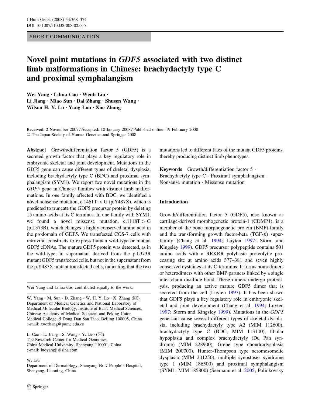 Novel Point Mutations in GDF5 Associated with Two Distinct Limb Malformations in Chinese: Brachydactyly Type C and Proximal Symphalangism