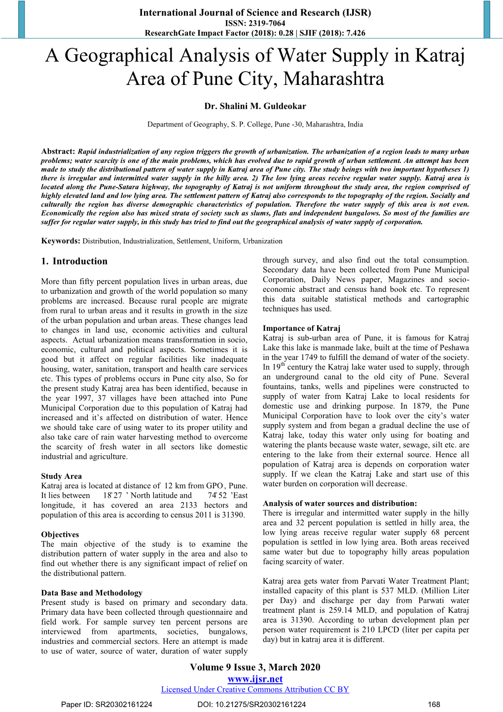 A Geographical Analysis of Water Supply in Katraj Area of Pune City, Maharashtra