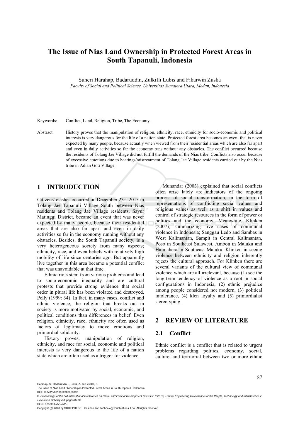 The Issue of Nias Land Ownership in Protected Forest Areas in South Tapanuli, Indonesia