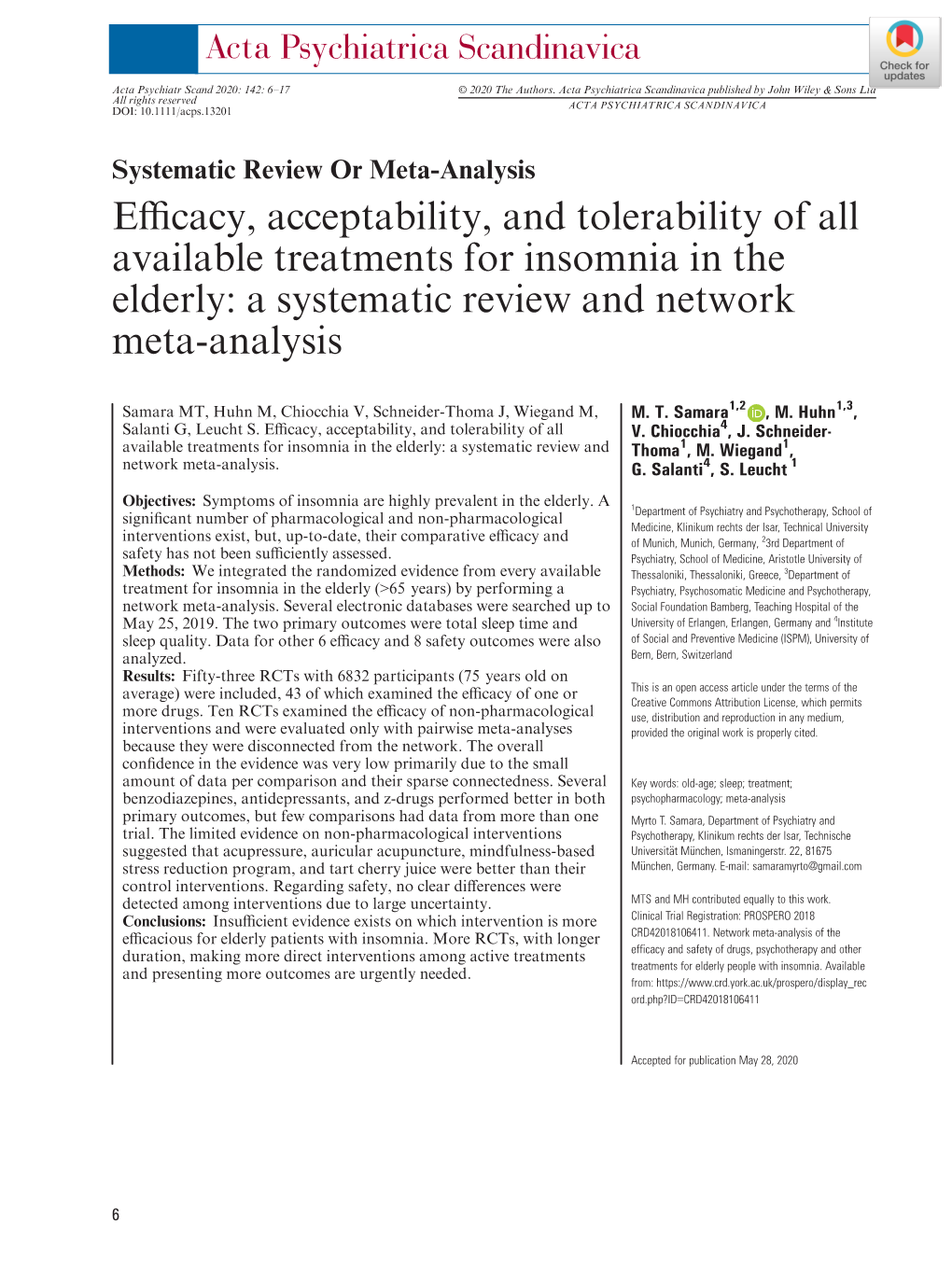 Efficacy, Acceptability, and Tolerability of All Available Treatments for Insomnia in the Elderly: a Systematic Review and Netwo