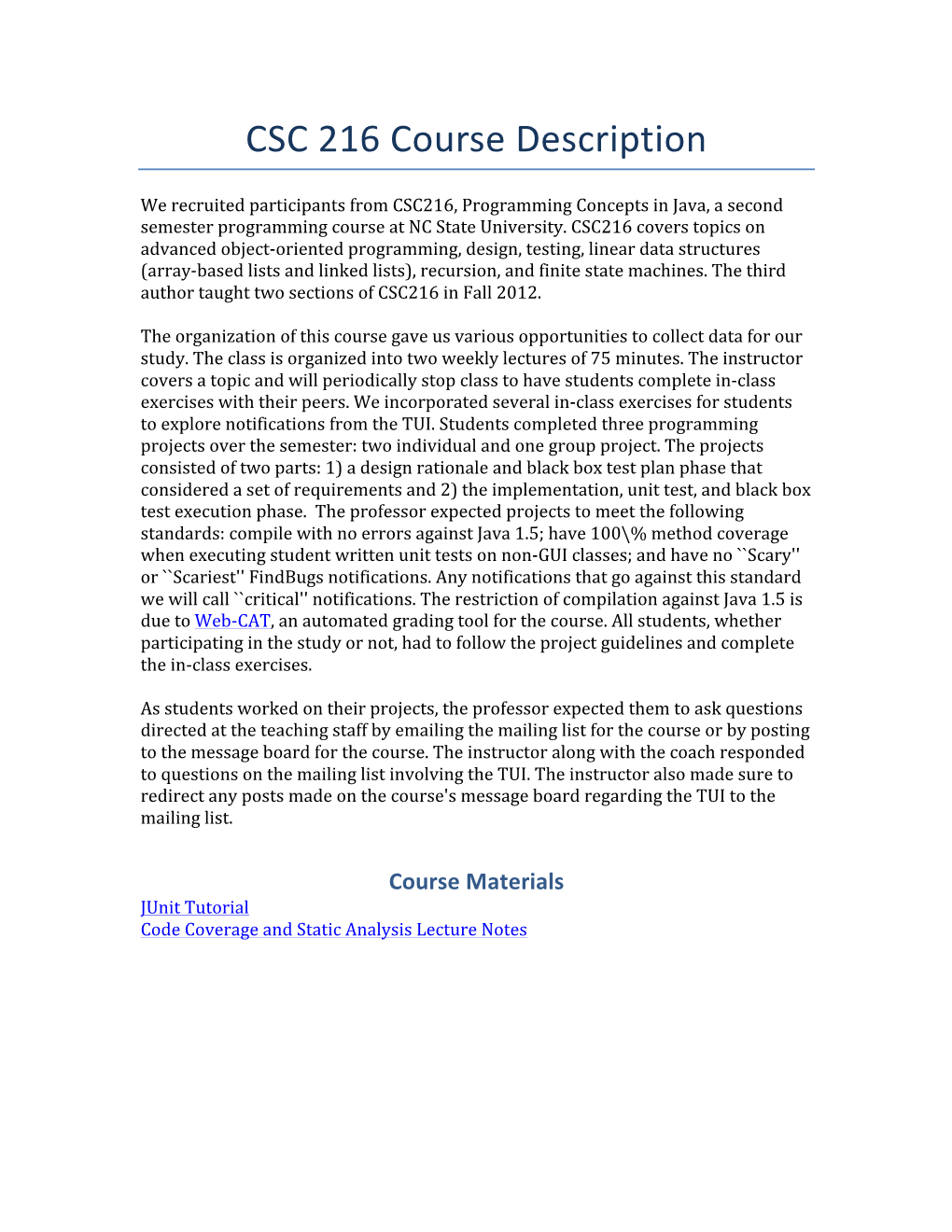 CSC 216 Course Description