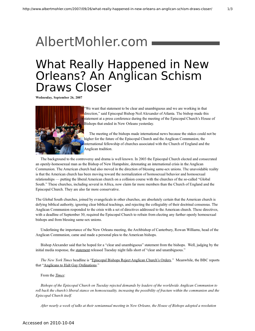 An Anglican Schism Draws Closer Wednesday, September 26, 2007
