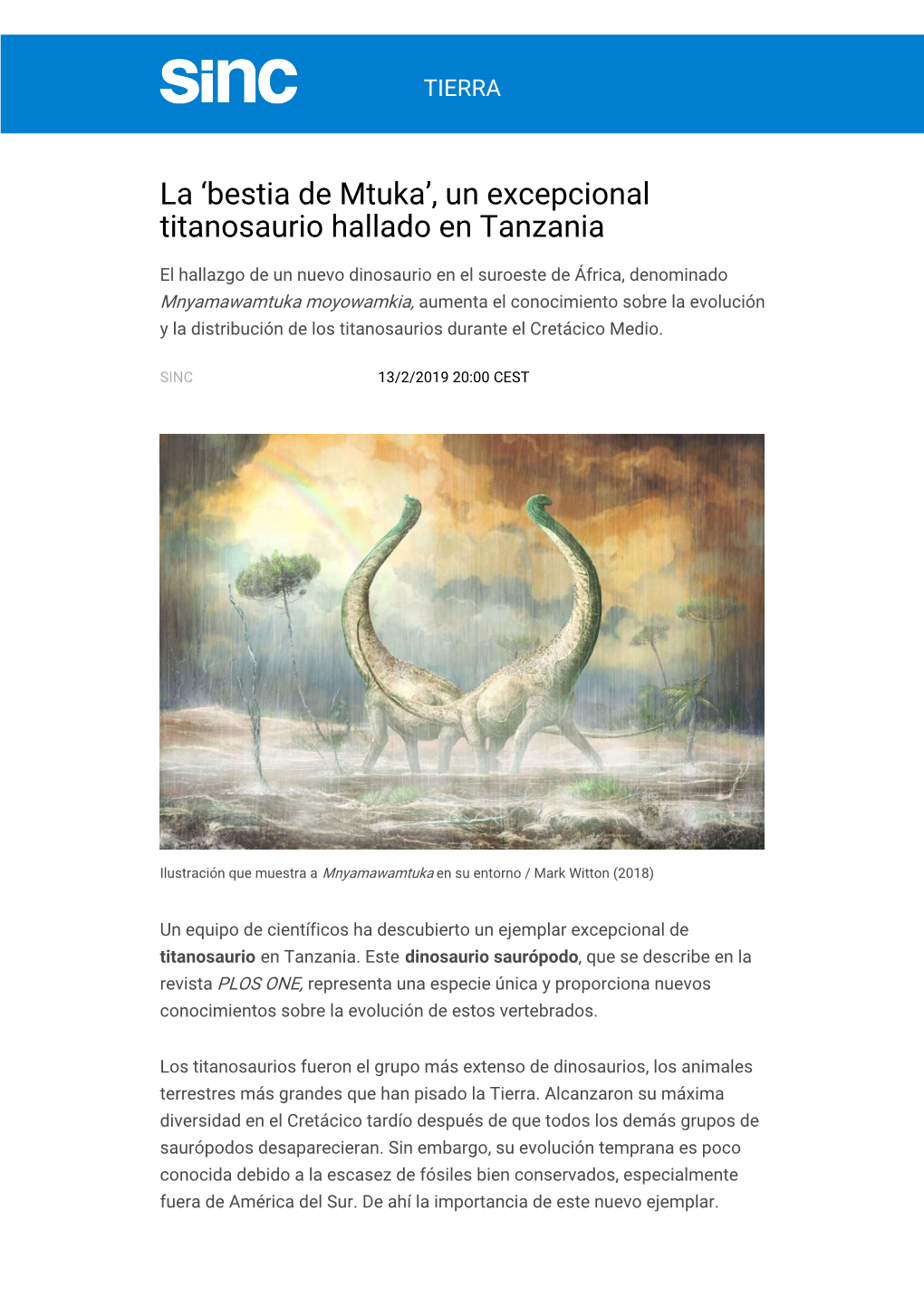 Un Excepcional Titanosaurio Hallado En Tanzania