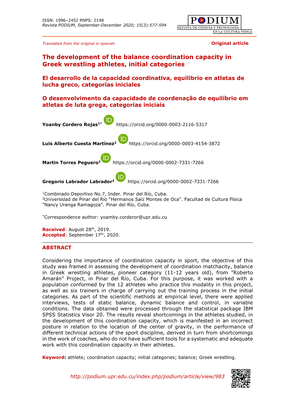 Development of Coordination Capacity Balance in Greek Wrestling Athletes