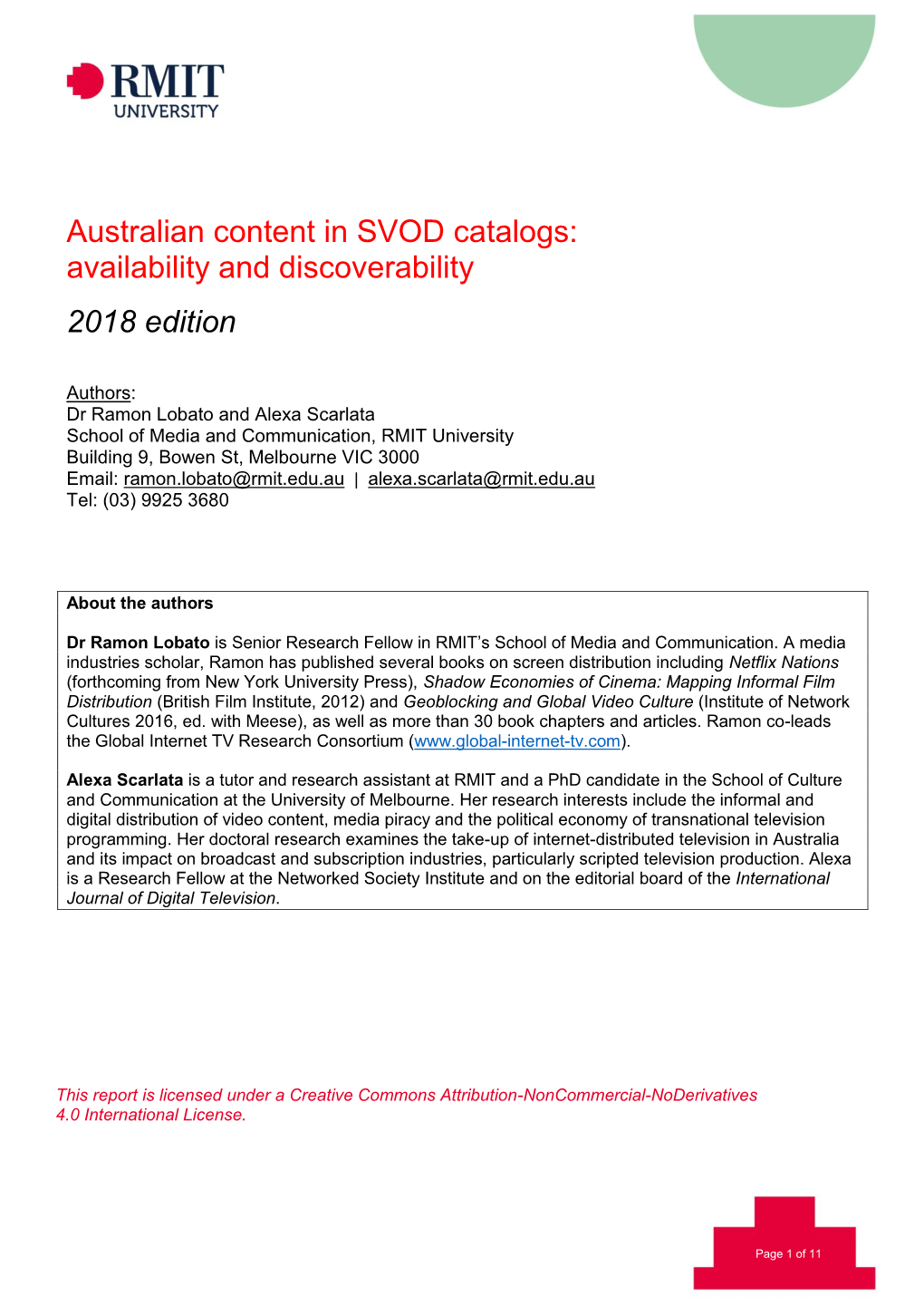 Australian Content in SVOD Catalogs: Availability and Discoverability 2018 Edition
