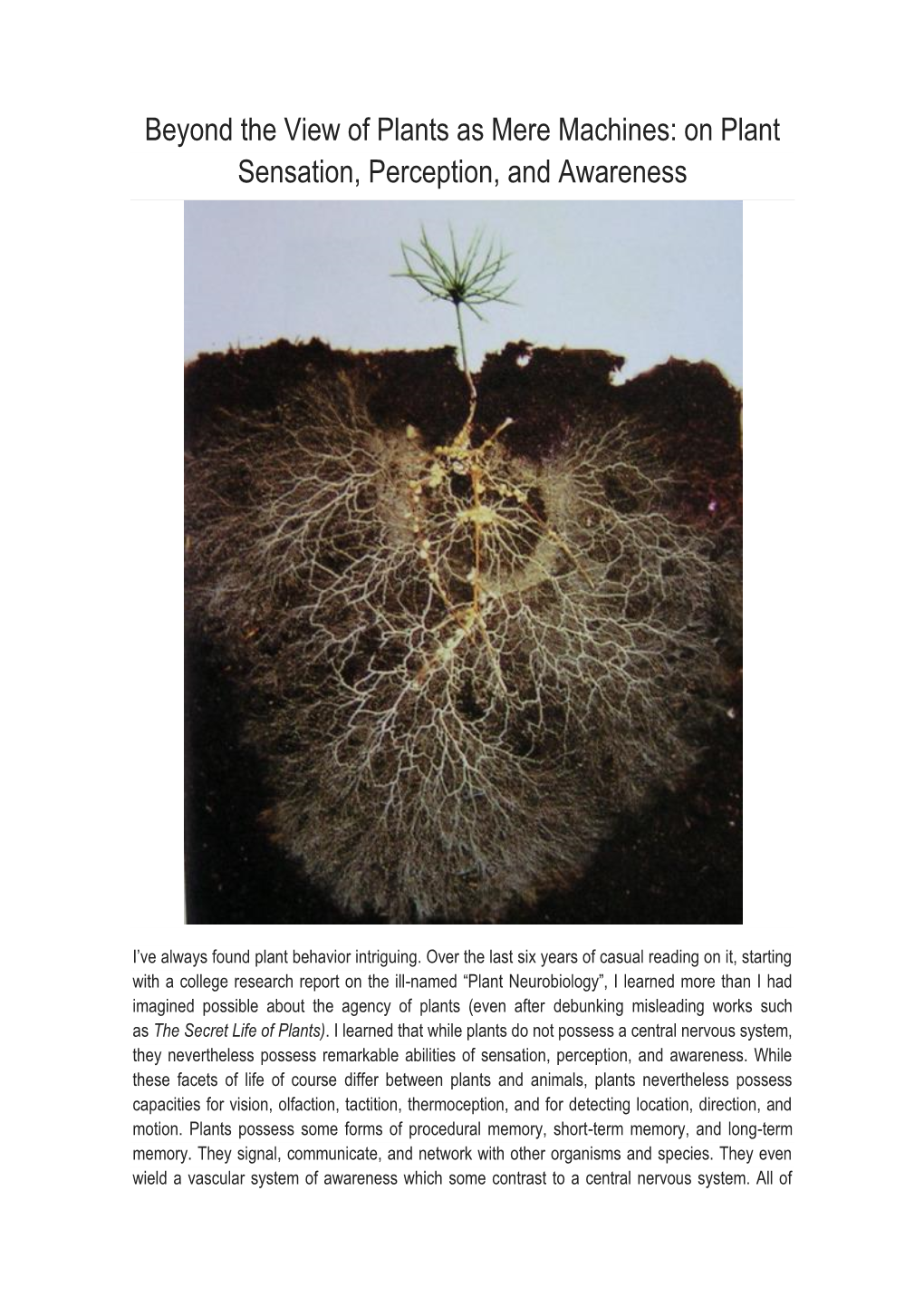 Beyond the View of Plants As Mere Machines: on Plant Sensation, Perception, and Awareness