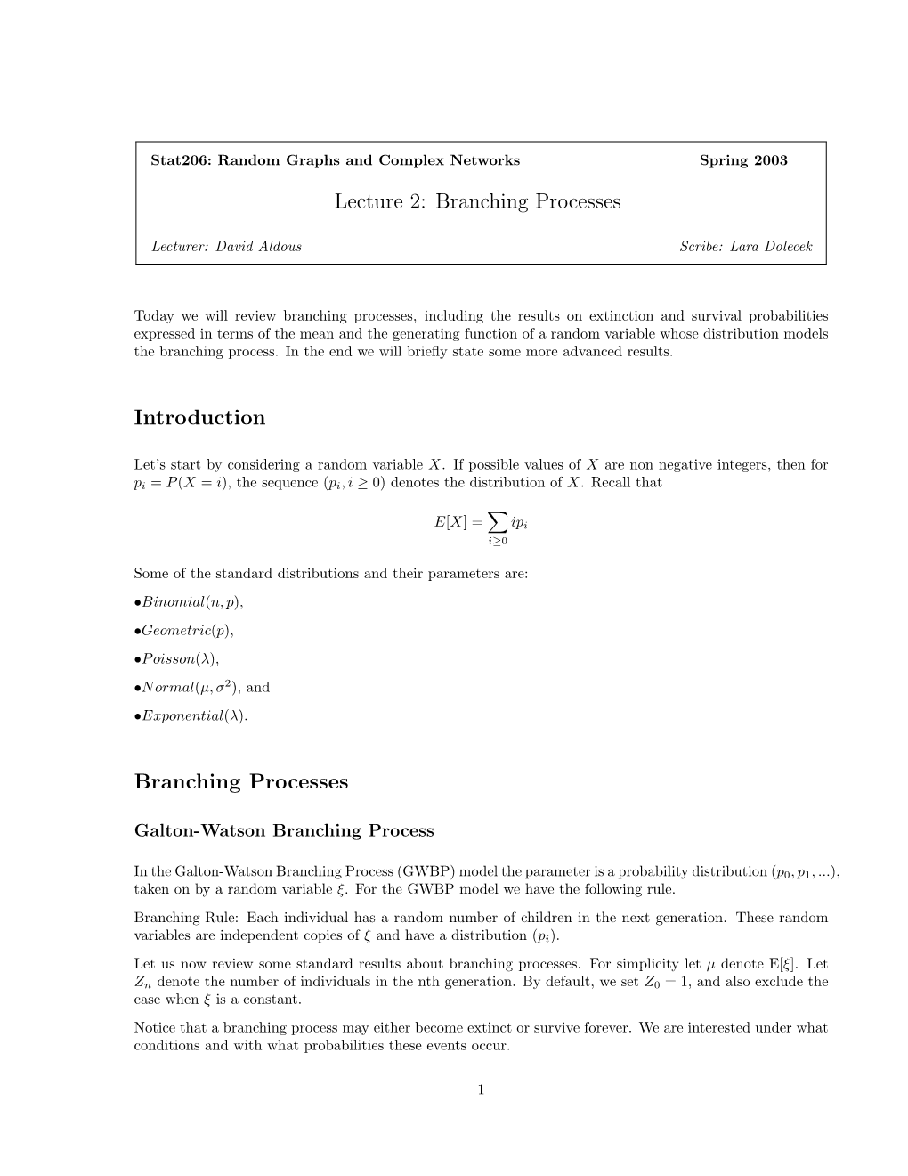 Lecture 2: Branching Processes Introduction Branching Processes