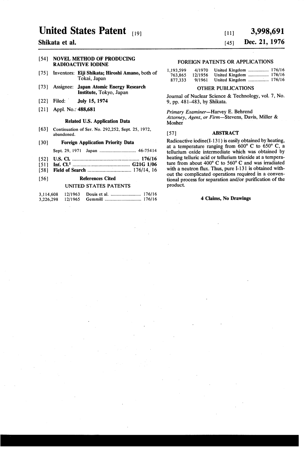 United States Patent to (11) 3,998,691 Shikata Et Al